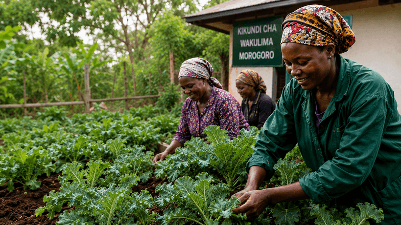 Tanzanian smallholder farmers collaborating on sustainable agroecology field - Initiative Beyond Limits (IBL) NGO